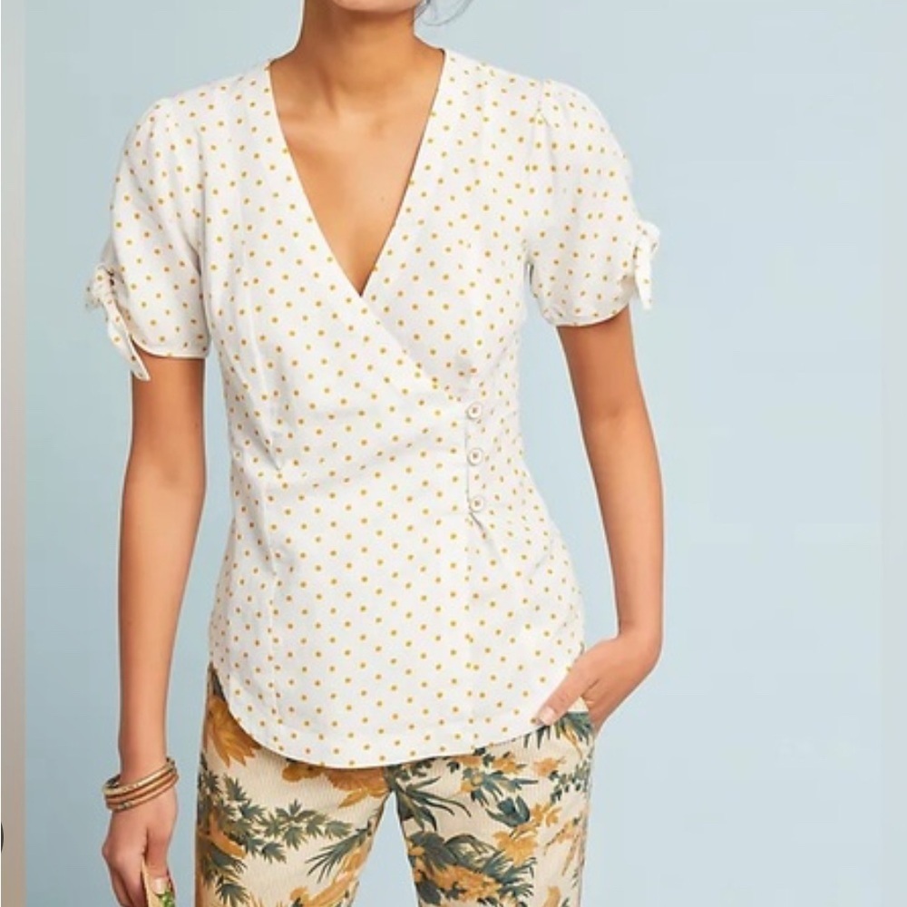 MAEVE by Anthropologie Size 2 Cream Wrap Blouse Tie Front V Neck Puff Sleeve